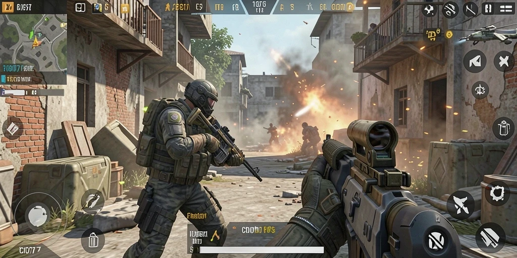 Screenshot utama COO77 menampilkan pertempuran intens dalam game FPS.