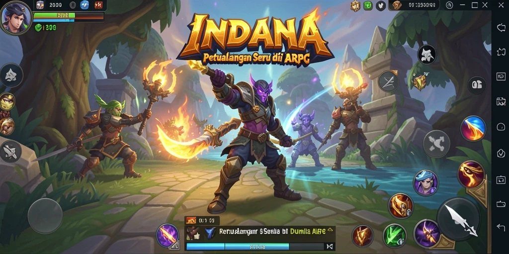 Tangkapan layar gameplay INDAAA yang menampilkan pertarungan seru di dunia fantasi.