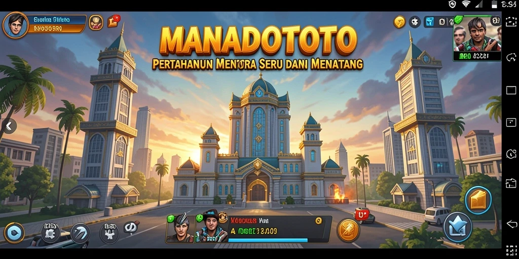 Screenshot gameplay MANADOTOTO yang menampilkan menara dan serangan musuh.