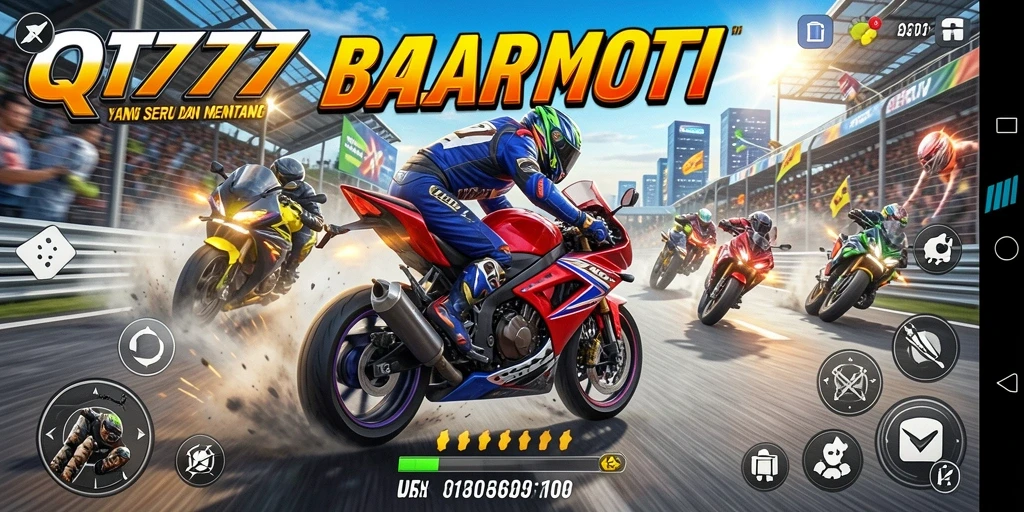 Tangkapan layar gameplay QT777 menampilkan balapan motor yang seru dan cepat.